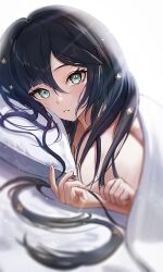 Rule 34 | 1girl, black hair, blanket, blurry, blush, breasts, cleavage, commentary request, depth of field, dutch angle, genshin impact, green eyes, hair between eyes, head on pillow, korean commentary, large breasts, long hair, looking at viewer, mona (genshin impact), moth1, on bed, parted lips, pov across bed, sidelighting, sidelocks, solo, sparkle hair ornament, swept bangs, under covers, upper body, white background