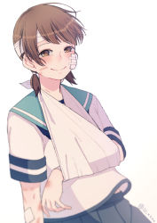 Rule 34 | 1girl, arm sling, bandage on face, bandaged head, bandages, blue sailor collar, blue skirt, brown eyes, brown hair, collared shirt, injury, kantai collection, looking at viewer, low twintails, neckerchief, parted bangs, pleated skirt, sailor collar, school uniform, serafuku, shirayuki (kancolle), shirt, short twintails, simple background, skirt, solo, tanaka io (craftstudio), twintails, twitter username, upper body, white background
