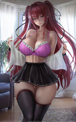 Rule 34 | 1girl, blouse, bra, breasts, cleavage, indoors, large breasts, lexaiduer, looking at viewer, miniskirt, naruse mio, open clothes, open shirt, partially undressed, pink bra, red eyes, red hair, red lips, school uniform, shinmai maou no testament, shirt, skirt, solo, thick thighs, thigh gap, thighs, twintails, underwear, undressing