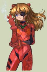 Rule 34 | 1girl, blue eyes, bodysuit, brown hair, cigarette, commentary, commission, english commentary, evangelion: 3.0 you can (not) redo, eyepatch, floating hair, grey background, highres, holding, holding cigarette, long hair, looking at viewer, meltted, neon genesis evangelion, one eye covered, pilot suit, plugsuit, rebuild of evangelion, smoking, solo, souryuu asuka langley