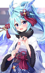 Rule 34 | 1girl, blue hair, dragon girl, dragon horns, dragon wings, happy new year, highres, horns, japanese clothes, kimono, new year, open mouth, princess connect!, purple eyes, sheffy (princess connect!), syurimp, wings