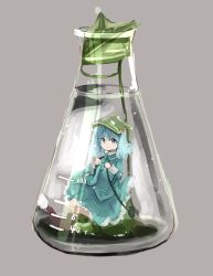 Rule 34 | 1girl, blue eyes, blue hair, erlenmeyer flask, flask, hair bobbles, hair ornament, hat, highres, hizakozouzu, in container, kawashiro nitori, matching hair/eyes, mini person, minigirl, short hair, sketch, skirt, solo, touhou, twintails, two side up
