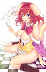 Rule 34 | 1girl, animal ears, arm support, ass, bare shoulders, blue eyes, blush, boots, bow, bowtie, breasts, chess piece, cleavage, commission, copyright name, detached collar, dog ears, dog tail, dress, fang, flower, hair flower, hair ornament, highres, kaptivate, king (chess), large breasts, looking at viewer, multicolored eyes, no game no life, no panties, no pants, open mouth, pink eyes, red hair, short hair, sitting, solo, stephanie dora, tail, wariza