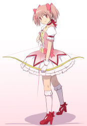 Rule 34 | 10s, 1girl, arrow (projectile), bad id, bad pixiv id, blush, bow, bow (weapon), bubble skirt, gloves, gradient background, hair bow, kaname madoka, magical girl, mahou shoujo madoka magica, mahou shoujo madoka magica (anime), misu kasumi, pink eyes, pink hair, shield, short twintails, skirt, smile, solo, standing, twintails, weapon