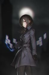Rule 34 | 1girl, absurdres, black gloves, blurry, blurry background, brown eyes, brown hair, building, card, chromatic aberration, closed mouth, coat, commission, electricity, floating, glitch, gloves, grey coat, grey sky, hair ornament, hairclip, hara shoutarou, highres, holding, holding card, long hair, looking at viewer, moon, night, night sky, original, silhouette, sky, solo, standing