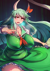 Rule 34 | 1girl, breasts, dress, enajii, ex-keine, green dress, green hair, highres, horn ornament, horn ribbon, horns, impossible clothes, kamishirasawa keine, large breasts, multicolored hair, no bra, plump, ribbon, solo, touhou, two-tone hair