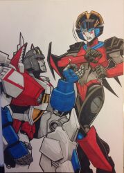 Rule 34 | 1boy, 1girl, blue eyes, disgust, helmet, humanoid robot, jewelry, jlawrence art, marriage proposal, mechanical wings, panties, red eyes, red panties, ring, robot, robot girl, science fiction, starscream, tongue, tongue out, traditional media, transformers, underwear, white background, windblade, wings