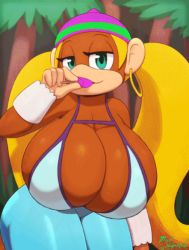 Rule 34 | 1girl, alternate breast size, animated, animated gif, blonde hair, bouncing breasts, breasts, candy, donkey kong (series), earrings, female focus, food, furry, gif artifacts, green eyes, hat, huge breasts, jewelry, lollipop, long hair, miso souperstar, nintendo, pants, rareware, solo, source request, swaying breasts, tiny kong, twintails