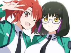 Rule 34 | 2girls, :d, black hair, black neckwear, breasts, brown eyes, chiba erika, collared dress, commentary request, dress, glasses, green jacket, hand up, high ponytail, jacket, large breasts, looking at viewer, mahouka koukou no rettousei, medium hair, multiple girls, necktie, one eye closed, open clothes, open jacket, open mouth, portrait, red hair, shibata mizuki, simple background, smile, sumi (shibata3gb), v, white background, white dress, wing collar, yellow eyes