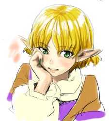 Rule 34 | 1girl, blonde hair, face, fang, female focus, fingernails, green eyes, head rest, mizuhashi parsee, pointy ears, scarf, shiba itsuki, short hair, simple background, slit pupils, solo, teeth, touhou, white background