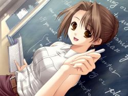 Rule 34 | 1girl, belt, board, brown eyes, brown hair, chalk, chalkboard, character request, classroom, copyright request, dutch angle, earrings, english text, game cg, hair bun, indoors, jewelry, looking at viewer, open mouth, school, shirt, short hair, single hair bun, sleeveless, smile, solo, source request, teacher, textbook