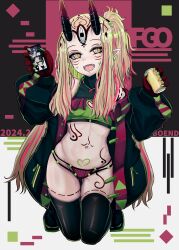 Rule 34 | 1girl, :d, artist self-reference, b.d, black jacket, blonde hair, blush, boots, breasts, can, crop top, facepaint, fangs, fate/grand order, fate (series), green eyes, green hair, green jacket, groin, hands up, heart on cheek, highres, holding, holding can, holding phone, ibaraki douji (fate), jacket, kneeling, long hair, long sleeves, looking at viewer, midriff, multicolored eyes, multicolored hair, navel, oni, open clothes, open jacket, open mouth, phone, pink eyes, pink hair, revealing clothes, side ponytail, slit pupils, small breasts, smile, solo, stomach, streaked hair, thigh boots