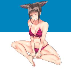 Rule 34 | 1girl, barefoot, bikini, black hair, blue background, breasts, cleavage, commentary request, evil smile, eye (mememem), front-tie bikini top, front-tie top, full body, grin, hair horns, han juri, hands on feet, highres, indian style, large breasts, looking at viewer, navel, pink bikini, pink eyes, purple bikini, romaji commentary, sitting, smile, solo, street fighter, street fighter iv (series), street fighter v, striped bikini, striped clothes, swimsuit, teeth, two-tone background, white background