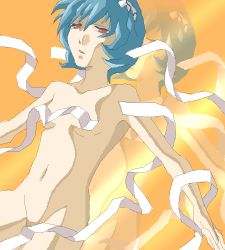 Rule 34 | 1girl, ayanami rei, bandages, blue hair, breasts, censored, completely nude, convenient censoring, flat chest, groin, lcl, lowres, naked bandage, neon genesis evangelion, nude, oekaki, red eyes, short hair, small breasts, solo, underboob, undressing, zoom layer