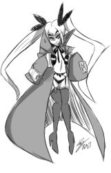Rule 34 | 1girl, bad id, bad tumblr id, bigdead, blazblue, boots, flat chest, garter belt, garter straps, greyscale, hair ribbon, high collar, highres, lingerie, long coat, long hair, monochrome, oversized clothes, panties, pigeon-toed, rachel alucard, ribbon, signature, sleeves past wrists, solo, thigh boots, thighhighs, twintails, underwear, very long hair