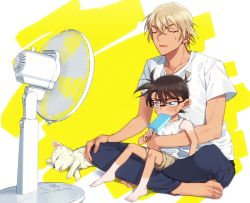 Rule 34 | 2boys, amuro tooru, animal, arm around waist, barefoot, black-framed eyewear, blonde hair, blue eyes, blue pants, brown hair, brown shorts, casual, child, closed eyes, collarbone, commentary request, dog, edogawa conan, electric fan, fanning self, feet, fingernails, food, food in mouth, full body, glasses, hair between eyes, haro (meitantei conan), holding, holding food, hot, indian style, k (gear labo), male focus, meitantei conan, multiple boys, open mouth, pants, popsicle, shirt, short hair, short sleeves, shorts, sitting, sitting on lap, sitting on person, sleeveless, sleeveless shirt, sweat, tan, tanline, toenails, toes, tongue, tongue out, two-tone background, white background, white dog, yellow background