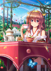 Rule 34 | 10s, 1girl, ahoge, akashio (loli ace), brown hair, bug, butterfly, cake, cloud, cloudy sky, cup, day, detached sleeves, double bun, food, hair ornament, hairband, bug, japanese clothes, kantai collection, kongou (kancolle), long hair, mountain, outdoors, personification, plant, rainbow, sky, smile, solo, table, tea set, teacup, teapot, thighhighs, tree, vines