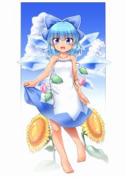Rule 34 | 1girl, bad id, bad pixiv id, barefoot, blue eyes, blue hair, blush, bow, cirno, cloud, day, dress, eyebrows, flower, hair between eyes, hair bow, hidden star in four seasons, highres, ice, ice wings, leaf, looking at viewer, open mouth, plant, short hair, sky, solo, sundress, sunflower, tan, tanned cirno, touhou, vines, white dress, wings, yan wu