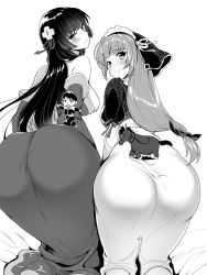 Rule 34 | 2girls, ass, bare shoulders, blush, bow, breasts, dress, from behind, greyscale, hair bow, highres, horse, huge ass, kojima saya, large breasts, long hair, looking at viewer, looking back, low-tied long hair, maken-shi no maken ni yoru maken no tame no harem life, monochrome, multiple girls, simple background, smile, veil, white background