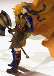Rule 34 | 1boy, absurdres, armor, axe, blue eyes, blue hair, cape, cosplay, fire emblem, fire emblem: path of radiance, fire emblem heroes, full body, gloves, greil, greil (cosplay), headband, highres, ike (fire emblem), male focus, nintendo, ormille, short hair, solo, weapon