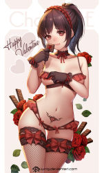 Rule 34 | 1girl, bad id, bad pixiv id, bare shoulders, black gloves, black hair, bow, breasts, chocolate, collarbone, commentary request, fishnet thighhighs, fishnets, flower, gloves, hair ornament, happy valentine, headdress, highres, jurrig, lingerie, long hair, looking at viewer, medium breasts, navel, original, ponytail, pubic tattoo, red bow, red flower, red ribbon, red rose, ribbon, rose, smile, solo, tattoo, thighhighs, underwear, watermark, web address