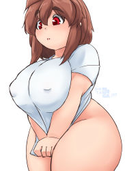 Rule 34 | 1girl, :o, bad id, bad pixiv id, bottomless, breasts squeezed together, breasts, brown hair, curvy, eno konoe, covered erect nipples, eyebrows, huge breasts, mikomu, naked shirt, no panties, open mouth, original, plump, puffy nipples, red eyes, shirt, shirt tug, short hair, solo, thick eyebrows, thick thighs, thighs, v arms, wide hips