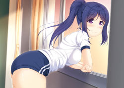 Rule 34 | 1girl, bent over, blue buruma, blue hair, blush, breasts, buruma, classroom, closed mouth, cowboy shot, from side, gym shirt, gym uniform, hino minato (spec.c), long hair, looking at viewer, looking to the side, love live!, love live! sunshine!!, matsuura kanan, medium breasts, parted bangs, ponytail, purple eyes, shirt, short sleeves, sidelocks, skindentation, smile, solo, sunset, thick thighs, thighs, white shirt