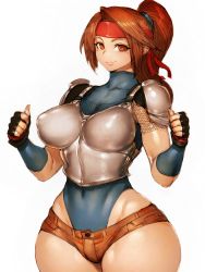 Rule 34 | 1girl, armor, black gloves, boobplate, breastplate, breasts, brown eyes, brown hair, closed mouth, covered navel, cowboy shot, final fantasy, final fantasy vii, fingerless gloves, fumio (rsqkr), gloves, grey background, headband, highleg, highleg leotard, highres, jessie rasberry, leotard, looking at viewer, matching hair/eyes, medium breasts, ponytail, short shorts, shorts, shoulder armor, simple background, skin tight, smile, solo, thumbs up, white background, wide hips