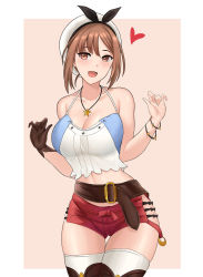 Rule 34 | aori sora, atelier (series), atelier ryza, atelier ryza 1, belt, boots, breasts, brown belt, brown eyes, brown gloves, brown hair, cleavage, cowboy shot, gloves, hair ornament, hairclip, halterneck, highres, jewelry, large breasts, leather, leather belt, necklace, open mouth, red shorts, reisalin stout, short hair, short shorts, shorts, single glove, solo, star (symbol), star necklace, thick thighs, thigh boots, thighhighs, thighs, white headwear, white thighhighs