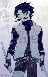 Rule 34 | 1boy, black eyes, black hair, kunai, lowres, male focus, monochrome, mutsumix, naruto, naruto (series), solo, uchiha sasuke, weapon