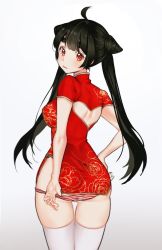 Rule 34 | 1girl, ahoge, ass, bad id, bad twitter id, black hair, china dress, chinese clothes, chungu, closed mouth, cone hair bun, cowboy shot, double bun, dress, from behind, grey background, hair bun, long hair, looking at viewer, looking back, original, panties, panty pull, pulling own clothes, red dress, red eyes, red panties, short dress, solo, standing, striped clothes, striped panties, thick eyebrows, thighhighs, twintails, underwear, white thighhighs