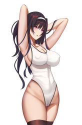 Rule 34 | 1girl, :o, armpits, arms behind head, arms up, bad id, bad pixiv id, bare arms, bare shoulders, black hair, black thighhighs, blush, breasts, cameltoe, cleavage, collarbone, copyright request, covered erect nipples, covered navel, cowboy shot, gongba laoge, groin, hair between eyes, hairband, heart, heart-shaped pupils, highleg, highleg leotard, highres, impossible clothes, impossible leotard, large breasts, leotard, long hair, looking away, open mouth, purple eyes, simple background, skindentation, solo, symbol-shaped pupils, thighhighs, white background, white hairband, white leotard, wide hips