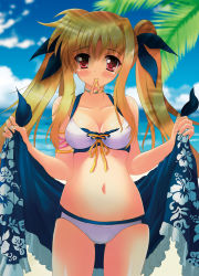 Rule 34 | 1girl, alternate costume, bad id, bardiche (nanoha), bikini, blonde hair, blush, breasts, choker, cleavage, cloud, collarbone, day, fate testarossa, front-tie top, groin, highres, long hair, lyrical nanoha, mahou shoujo lyrical nanoha, mahou shoujo lyrical nanoha a&#039;s, medium breasts, mouth hold, navel, ocean, red eyes, shiny skin, sky, solo, staryume, swimsuit, twintails