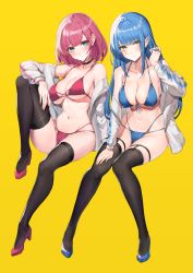 Rule 34 | 2girls, bare shoulders, bikini, black choker, black legwear, blue bikini, blue footwear, blue hair, blunt bangs, blush, breasts, choker, cleavage, closed mouth, collarbone, front-tie bikini top, front-tie top, green eyes, groin, halterneck, highres, jacket, knee up, large breasts, long hair, long sleeves, looking at viewer, multi-strapped bikini, multiple girls, navel, o-ring, o-ring bikini, o-ring bottom, o-ring top, off shoulder, open clothes, open jacket, original, red bikini, red footwear, red hair, shoes, short hair, simple background, sitting, skindentation, smile, stomach, strap gap, string bikini, swimsuit, thighhighs, thighs, watao, white jacket, yellow background, yellow eyes