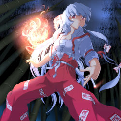 Rule 34 | 2girls, bad id, bad pixiv id, bamboo, bamboo forest, bow, caved, cigarette, ex-keine, female focus, fire, forest, fujiwara no mokou, hair bow, hair ribbon, kamishirasawa keine, long hair, multiple girls, nature, peeking out, red eyes, ribbon, sarashi, shadow, silver hair, stalking, suspenders, touhou, wancozow, when you see it, you gonna get raped