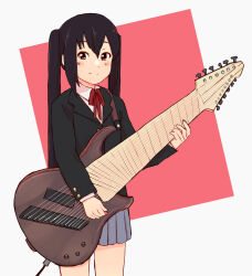 Rule 34 | 1girl, black hair, blazer, blush stickers, brown eyes, cable, collared shirt, commentary, cowboy shot, electric guitar, english commentary, guitar, highres, holding, holding instrument, instrument, jacket, k-on!, long hair, looking to the side, mirlo2hu, nakano azusa, pleated skirt, plectrum, red ribbon, ribbon, sakuragaoka high school uniform, school uniform, shirt, skirt, smile, solo, split mouth, twintails