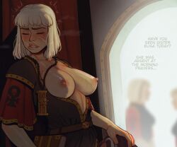 Rule 34 | 4girls, adepta sororitas, against wall, armor, biting own lip, blurry, blurry background, blush, breasts, breasts out, brown hair, capelet, commentary, cunnilingus, elzunix, english commentary, english text, hand on another&#039;s head, head out of frame, highres, incase, jewelry, large breasts, multicolored hair, multiple girls, multiple scars, nipples, no bra, oral, pauldrons, pendant, red capelet, scar, scar on face, short hair, shoulder armor, solo focus, standing, standing cunnilingus, stealth cunnilingus, stealth sex, streaked hair, warhammer 40k, white hair, yuri