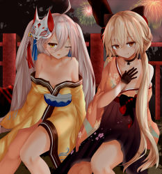 Rule 34 | 2girls, :q, absurdres, ahoge, alternate costume, arm behind back, arm support, arm up, black gloves, blonde hair, bow, braid, breasts, candy apple, chinese text, choker, cleavage, closed mouth, collarbone, eyes visible through hair, fang, fang out, fence, fireworks, floral print, flower, food, fox mask, girls&#039; frontline, gloves, hair between eyes, hair bow, hair ribbon, hakama, hakama short skirt, hakama skirt, half gloves, hand on own chest, hands up, high-waist skirt, highres, holding, japanese clothes, jitome, kimono, knees together feet apart, long hair, looking at viewer, low twintails, mask, mask on head, multiple girls, night, night sky, obi, off shoulder, official alternate costume, one eye closed, open mouth, ots-14 (flurry of petals) (girls&#039; frontline), ots-14 (girls&#039; frontline), parted lips, pkp (flower and water) (girls&#039; frontline), pkp (girls&#039; frontline), ribbon, ru zhai, sandals, sash, silver hair, sitting, skinny, skirt, sky, smile, thighhighs, tongue, tongue out, tsurime, twintails, very long hair, wide sleeves, yellow eyes, yellow kimono, yukata