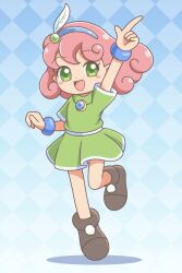 Rule 34 | 1girl, blue background, blush, brown footwear, curly hair, dress, feather hair ornament, feathers, green dress, green eyes, hair ornament, jewelry, kato-shun, medium hair, open mouth, panel de pon, pink hair, solo, standing, standing on one leg, windy (panel de pon)