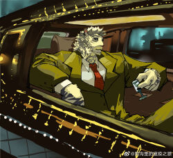 Rule 34 | 1boy, alternate costume, animal ears, arknights, bara, car interior, cup, drinking glass, facial hair, feet out of frame, formal, furry, furry male, goatee, highres, large hands, looking at viewer, male focus, mountain (arknights), muscular, muscular male, necktie, red necktie, scar, scar across eye, scar on arm, short hair, solo, suit, thick eyebrows, tiger boy, tiger ears, unfinished, upper body, white hair, wine glass, yingou li de wenyi zhi yuan