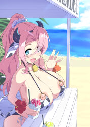 1girl :d absurdres animal_ear_fluff animal_ears animal_print areola_slip bare_arms bare_shoulders beach bell bikini black_hairband black_horns blue_eyes blue_sky blurry blurry_background breasts choker cleavage cloud cow_ears cow_girl cow_horns cow_print cow_print_bikini cow_tail cowbell cowboy_shot day drinking_straw flower food food_stand from_side hair_intakes hair_over_one_eye hairband halterneck hand_up high_ponytail highres holding holding_food horizon horns huge_breasts inverted_nipples lips long_hair looking_at_viewer looking_to_the_side mole mole_on_breast neck_bell nipples o-ring o-ring_bikini o-ring_top ocean open_mouth orange_flower original outdoors parted_bangs pink_hair print_bikini red_flower sakamata_(sakamata4) shaved_ice side-tie_bikini_bottom sidelocks sky smile solo standing strap_gap string_bikini sunlight swimsuit tail tail_raised waving wavy_hair wrist_flower