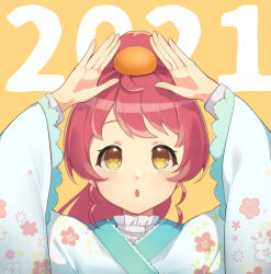 Rule 34 | 1girl, 2021, :o, arms up, bad id, bad twitter id, blue kimono, floral print, floral print kimono, food, food on head, frilled sleeves, frills, fruit, highres, inactive account, japanese clothes, kimono, long hair, long sleeves, mandarin orange, new year, object on head, open mouth, ponytail, pretty series, pripara, red hair, shiratama mikan, shiyurinpu, solo, upper body, wide sleeves, yellow background, yellow eyes