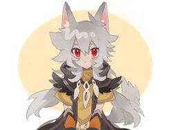 Rule 34 | 1boy, animal ears, cheese dakke, closed mouth, facial scar, genshin impact, gloves, grey hair, hair between eyes, long hair, looking at viewer, male focus, orange gloves, razor (genshin impact), red eyes, scar, scar on cheek, scar on face, simple background, solo, tail, two-tone background, wolf boy, wolf ears, wolf tail