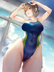 Rule 34 | 1girl, adjusting eyewear, armpits, blush, breasts, brown eyes, brown hair, cameltoe, collarbone, competition swimsuit, covered navel, goggles, goggles on head, groin, highleg, highleg swimsuit, kaguyuzu, large breasts, one-piece swimsuit, open mouth, original, short hair, smile, solo, swimsuit, thighs, wet