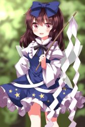 Rule 34 | 1girl, :d, black ribbon, blue bow, blue dress, blurry, blurry background, blush, bow, brown hair, commentary request, dress, frilled shirt collar, frills, gohei, hair between eyes, hair bow, highres, holding, holding stick, long hair, open mouth, outdoors, petticoat, pink eyes, ribbon, ruu (tksymkw), smile, solo, star sapphire, stick, touhou