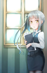 Rule 34 | &gt;:o, 10s, 1girl, :o, asymmetrical hair, black pantyhose, black skirt, black vest, blue hair, blue necktie, blue ribbon, blunt bangs, blush, collared shirt, comah, commentary request, cowboy shot, gradient hair, hair ribbon, holding, indoors, kantai collection, kasumi (kancolle), long hair, long sleeves, looking at viewer, medium skirt, multicolored hair, necktie, office lady, open mouth, pantyhose, paper, pencil skirt, ribbon, shirt, short necktie, side ponytail, silver hair, skirt, solo, standing, tsurime, v-shaped eyebrows, vest, white shirt, window, wing collar, yellow eyes