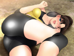 Rule 34 | 1girl, ass, bare shoulders, bike shorts, black hair, blue eyes, blush, breasts, breath, clenched hands, fate/stay night, fate (series), floor, from behind, legs, long hair, looking at viewer, lying, on side, one eye closed, open mouth, ponytail, shiny clothes, small breasts, solo, spandex, sports bra, sportswear, thighs, tohsaka rin, wrestling outfit, yadokari genpachirou