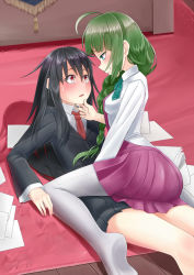 Rule 34 | 10s, 2girls, black hair, blush, braid, carpet, commentary request, green hair, hand on another&#039;s chin, hatsushimo (kancolle), highres, kantai collection, long hair, mole, mole under mouth, multiple girls, pantyhose, papers, red eyes, school uniform, single braid, sitting, sitting on person, smile, sweat, yuri, yuugumo (kancolle), zaki (2872849)