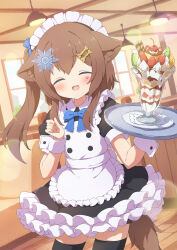 Rule 34 | 1girl, animal ear fluff, animal ears, blush, bone hair ornament, brown hair, closed eyes, commission, cowboy shot, day, dog ears, dog girl, dog tail, dutch angle, food, frills, fruit, hair ornament, hairpin, headdress, highres, ice cream, indoors, lens flare, maid, maid headdress, open mouth, original, parfait, paw print, plate, puffy sleeves, side ponytail, sidelocks, skeb commission, smile, solo, standing, star (symbol), star hair ornament, strawberry, strawberry parfait, tail, thighhighs, tyakomes, variant set, waitress, white headdress, zettai ryouiki