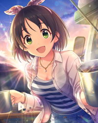 Rule 34 | 1girl, black hair, bow, bracelet, coffee, coffee mug, cup, denim, denim shorts, dress shirt, giving, green eyes, hair bow, harada miyo, holding, holding cup, idolmaster, idolmaster cinderella girls, jewelry, lens flare, looking at viewer, mountain, mountaintop, mug, necklace, official art, rv, see-through, shirt, short hair, shorts, side-view mirror, smile, solo, striped tank top, sunlight, sunrise, table, tank top, unbuttoned, unbuttoned shirt, white shirt